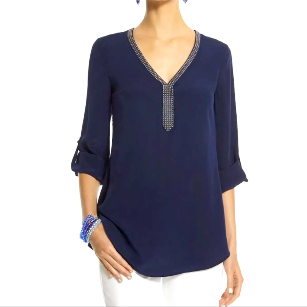 White House Black Market Navy Blue studded neckline tunic top